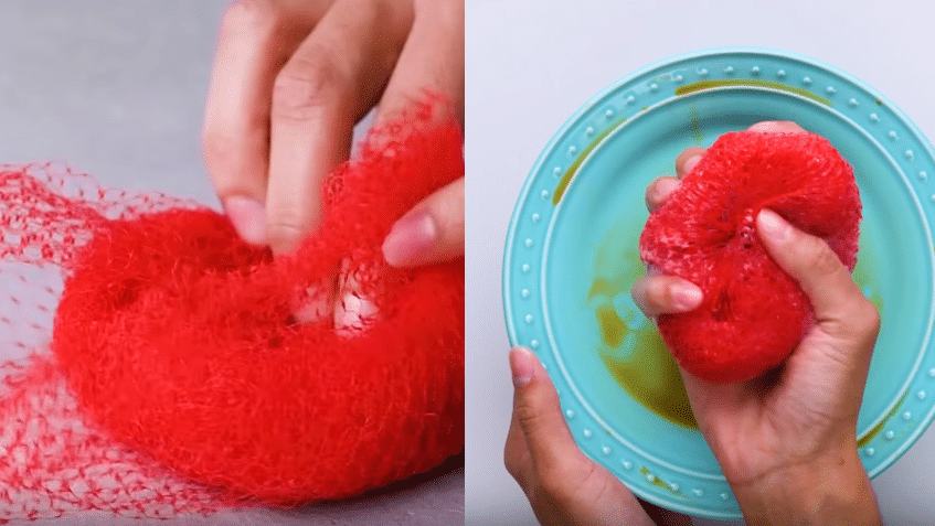 roll fruit and vegetable net in scratchy sponge